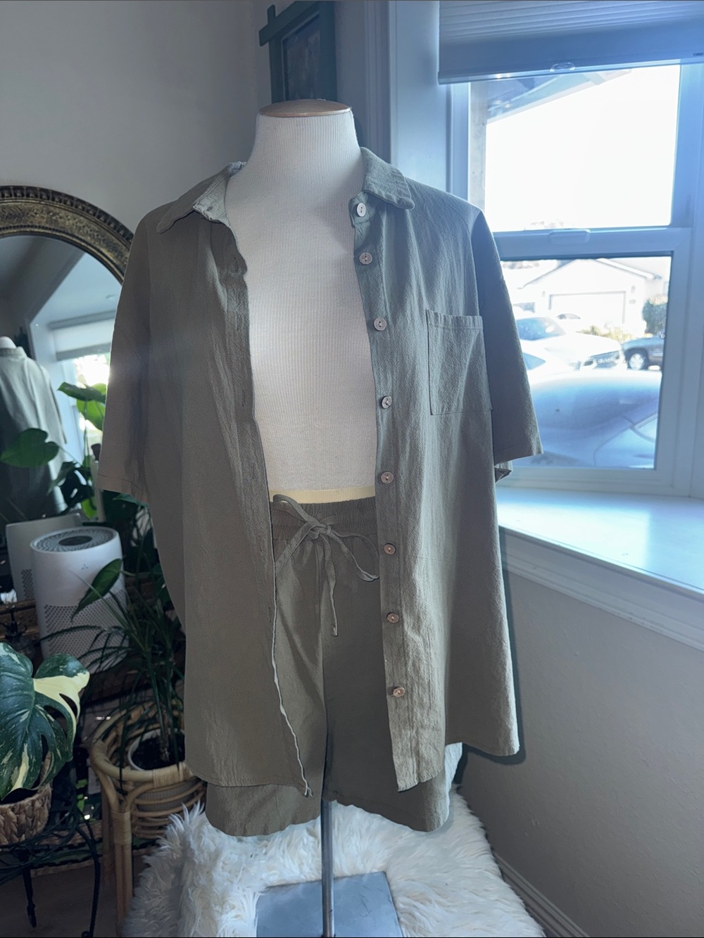 Olive Shorts and Button Up Blouse Matching Set